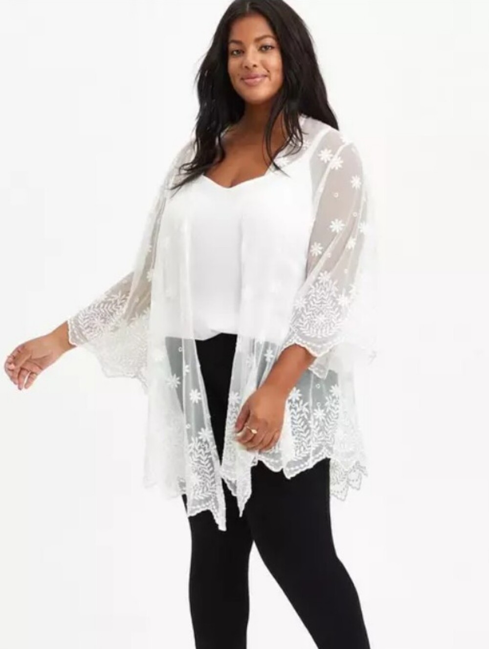 Torrid Boho Fairycore Floral Embroidered Scallop Mesh Kimono Top Plus Size 0X